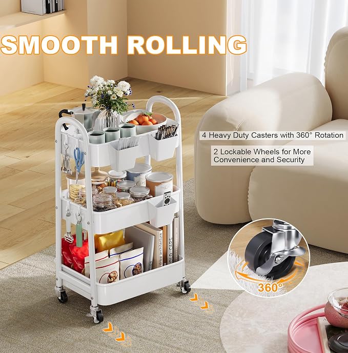 3 Tier Rolling Cart Metal with Wheels, Heavy Duty White Three Tiered Craft Cart Organizer on Wheels, Utility Roller Storage Carts for Art, Baby Nursery, Diaper Caddy, Snack,Book,Nail,Cleaning Supplies