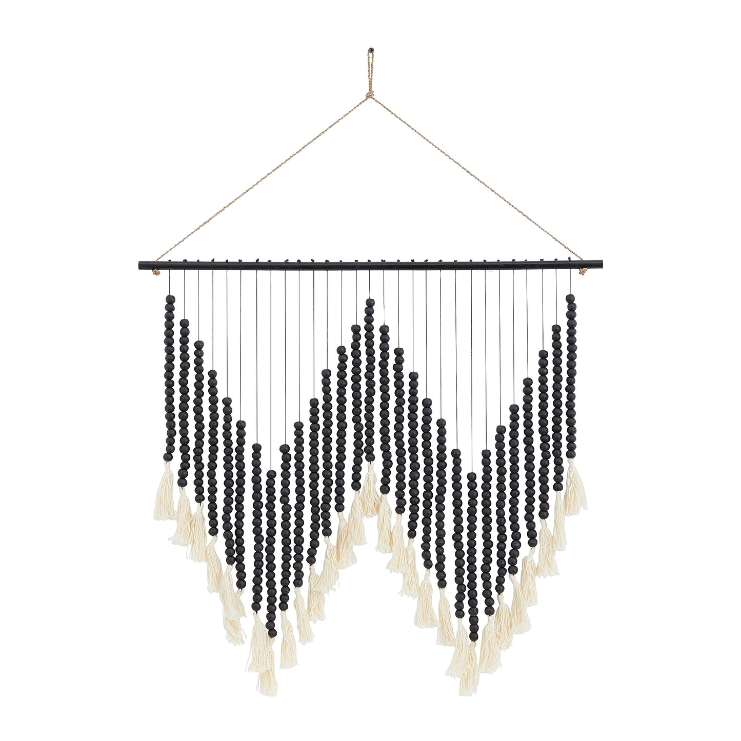Deco 79 Wood Macrame Home Wall Decor Beaded Wall Sculpture with Fringe Tassels, Wall Art 26" x 1" x 35", Black
