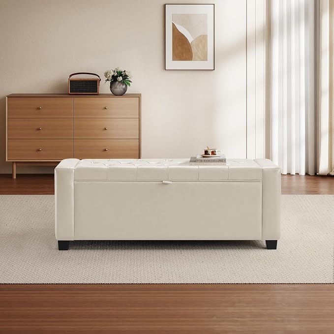 GRAINELL Storage Ottoman Bench, Upholstered Tufted Bedroom Bench with Storage, End of Bed Storage Bench for Living Room & Entryway, 350 lb Capacity, Leather Beige