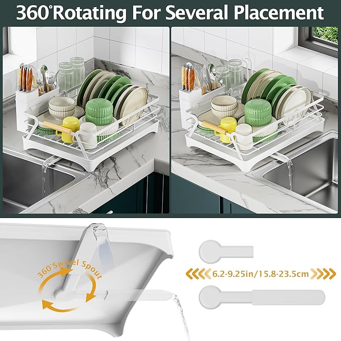 Epicano Dish Drying Rack for Kitchen Counter,Large Capacity,White | Raised Feet,Rustproof,Wooden Handle,Auto-Drainage System,Cup Holder & Knife Slots, Sink Storage Organizer