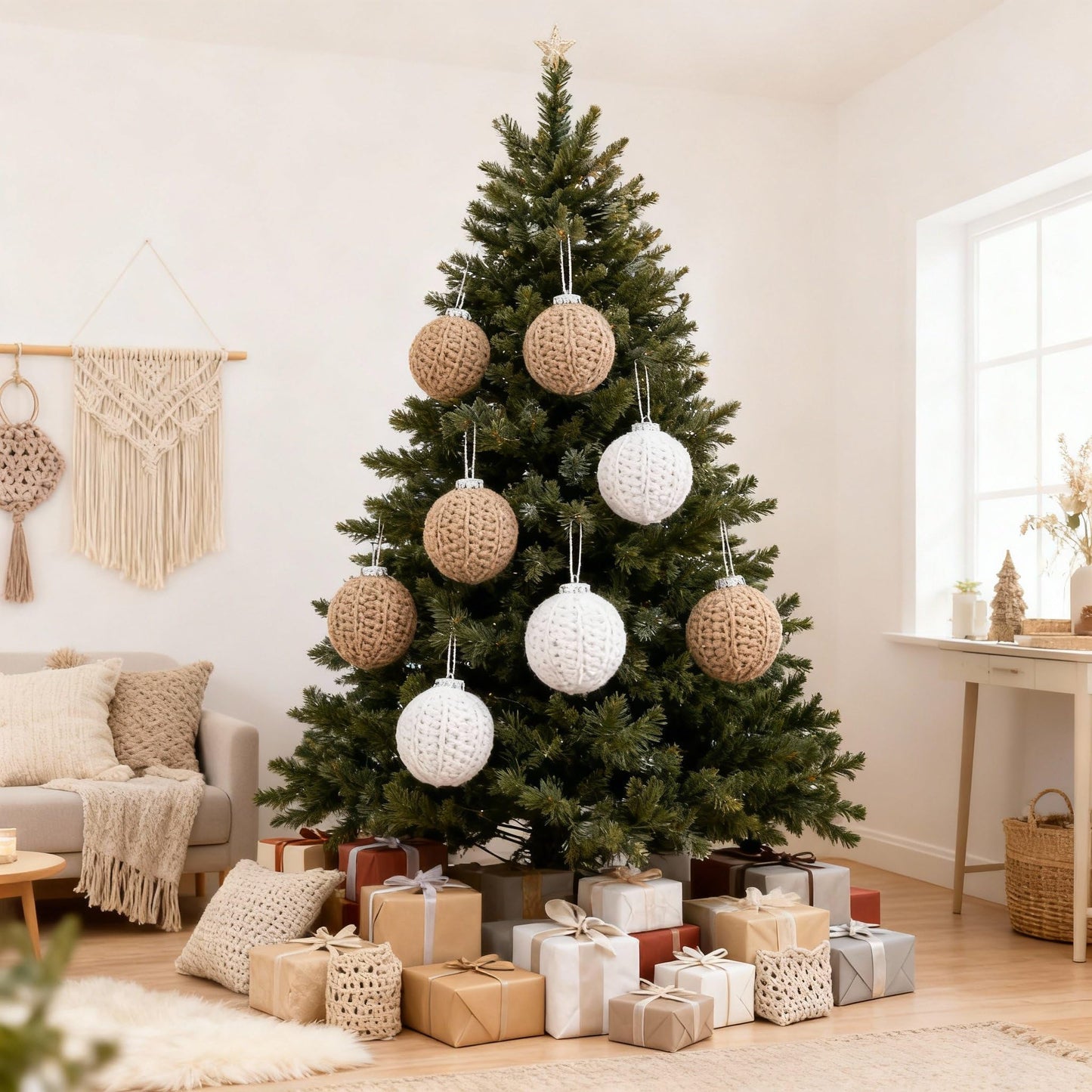 Vercraft 6 Pcs 2.75 Inch Crochet Christmas Ornaments Balls Christmas Knitted Ornaments Neutral Hanging Decoration Handmade Crochet Decoration for Xmas Tree Rustic Neutral Xmas Decor(Beige)