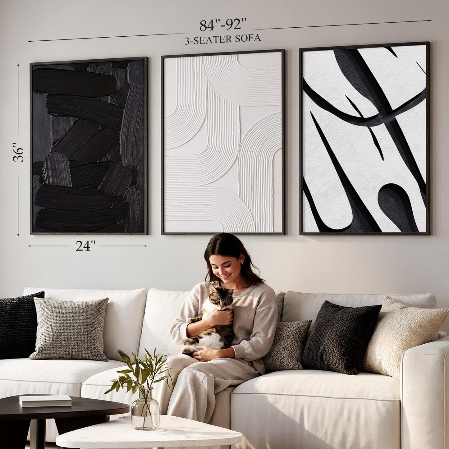 OurWarm 3D Large Framed Black and White Abstract Wall Art for Living Room, 3 Piece Big Minimalist Meutral Textured Modern Wall Art, Wall Pictures for Living Room Hallway Office Wall Decor 24x36 Inch
