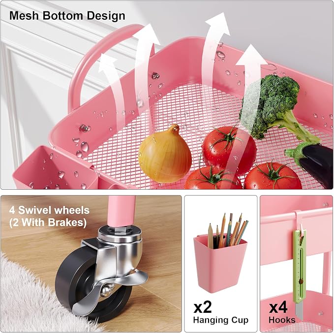4 Tier Rolling Cart Metal with Lockable Wheels, Four Tiered Pink Trolley Cart on Wheels, Utility Storage Organizer Carts for Bathroom, Kitchen, Art, Craft, Baby Diaper Caddy, Snack, Makeup, Nail, Lash