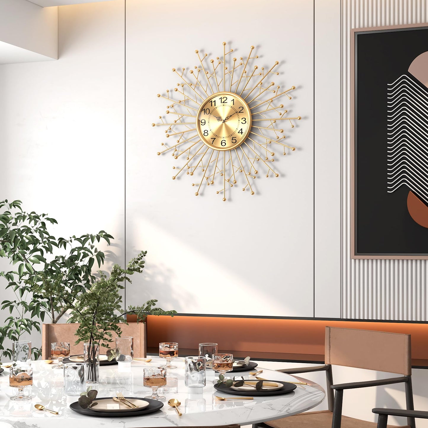 DAYDAYART Large Modern Gold Wall Clock Decorative Mid Century Sunburst Branch Wall Clocks, Minimalism Metal Silent Clock, Luxury Home Gift Decor for Living Room, Bedroom, Dining Room, 24 inch