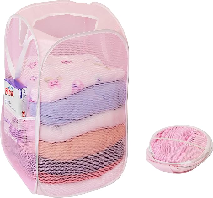 Simple Houseware Mesh Pop-Up Laundry Hamper Basket With Side Pocket, Pink - 2 Pack