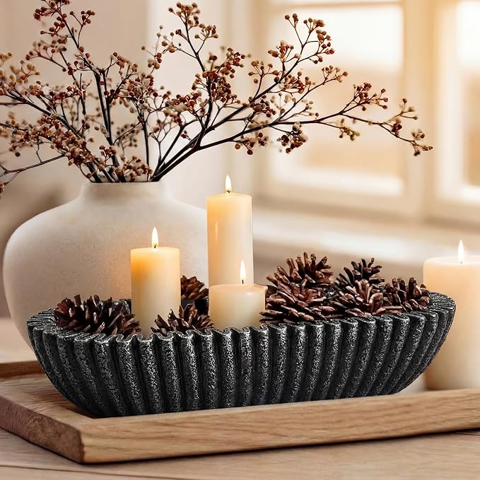 Large Decorative Bowl for Home Decor Long Dough Bowls Coffee Table Decor Centerpiece Black Ruffle Scalloped Resin Modern Handicraft Bowl for Kitchen Counter Farmhouse Entryway Stylish Key Storage