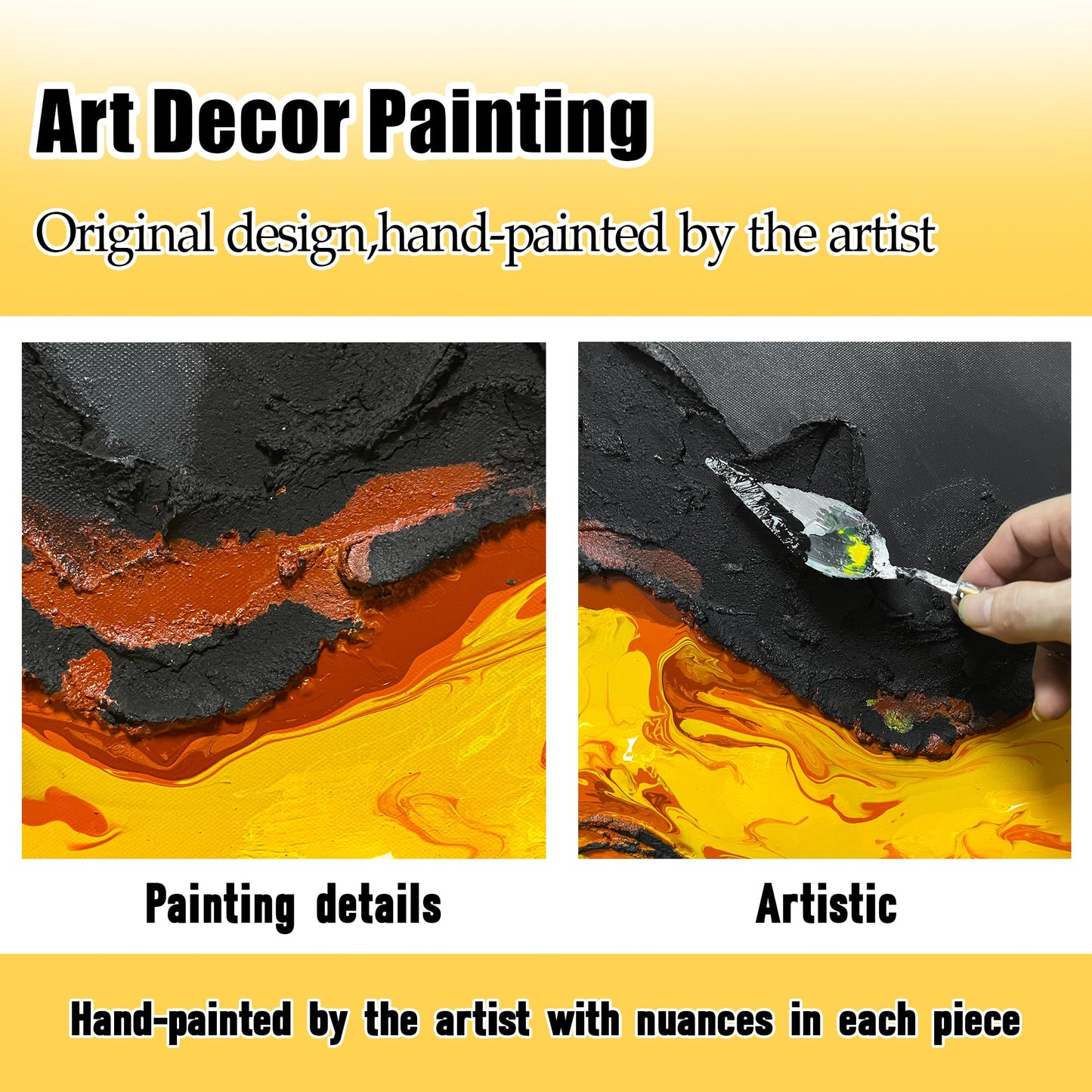 GUGIKA Abstract Wall Art for Living Room, Hand Painted 3D Textured Magma Paintings, Black and Gold Yellow Volcanic Lava Canvas Wall-Decor for Bedroom, Size 40 x 20 Inches