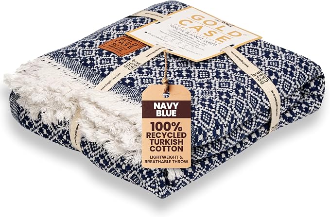 Gold Case Throw Blanket for Couch - 100% Recycled Turkish Cotton Blankets & Throws - Retro Soft Throw Blankets for Living Room - Boho Decorative Woven Couch Blanket - 50x60 - Navy Blue