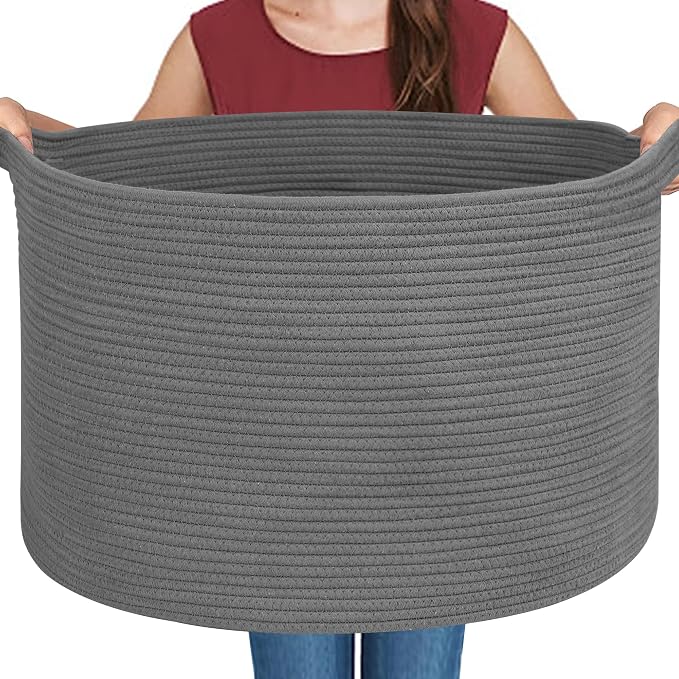 MEGASKET Large Dark Grey Storage Basket, Woven Cotton Rope Baskets for Storage, Big Blanket Organizer Storage Basket for Living Room, Kids Room Toy Storage Organizer Box, Blanket Keeper (22"x14")