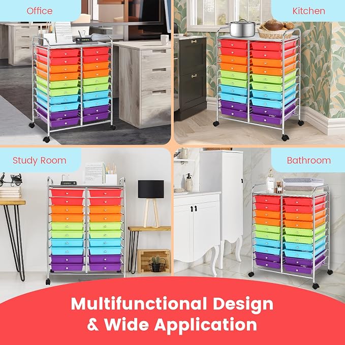COSTWAY 20-Drawer Rolling Storage Cart, Utility Storage Organizer Cart for Tools, Scrapbook, Paper, Craft, Multipurpose Storage Trolley on Wheels for Home Office School (Multicolor)