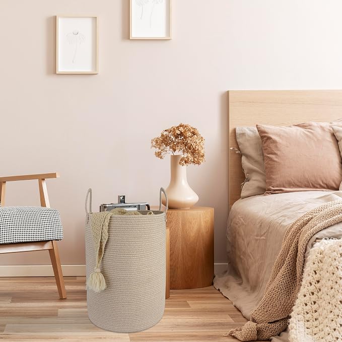 XUANGUO Cotton Rope Laundry Basket Hamper for Clothes Woven Storage Basket for Living Room Bedroom Boho Tall Rope Baskets for Blanket Toys Pillow Towels Baby Nursery Hamper Bin Large oatmeal