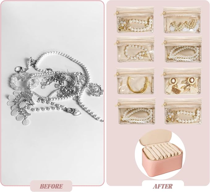 Travel Jewelry Case, Portable Jewelry Box with 6 Jewelry Bags,Travel Gift for Women Teen Girls (Pink 8 Pcs)