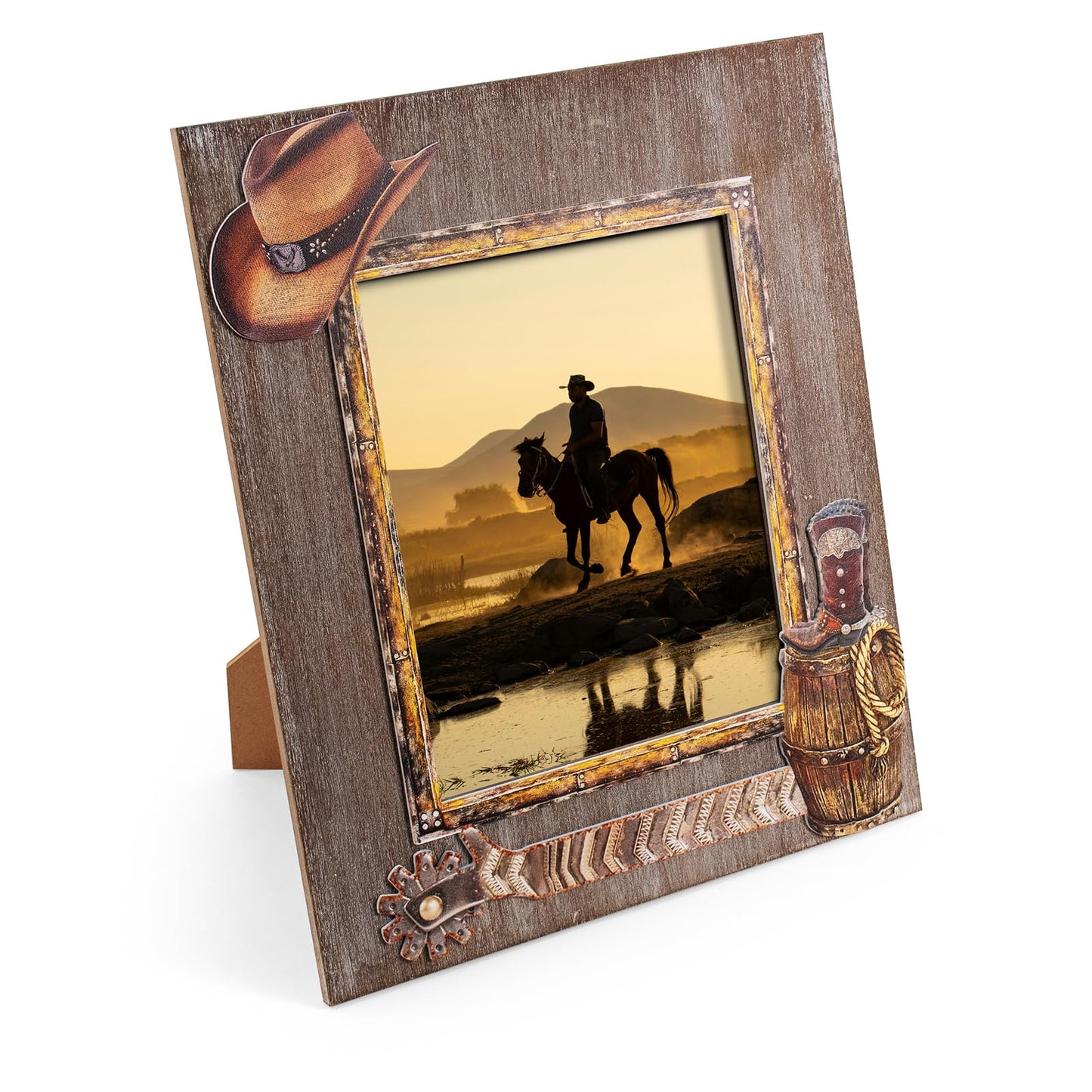 OKSQW 8 x 10 Rustic Wood Picture Frame with Cowboy Design, Solid Wooden Photo Frame with High Definition Glass, Cool Handicrafts Tabletop or Wall Mounting Great for Display for Farmhouse Home Decor
