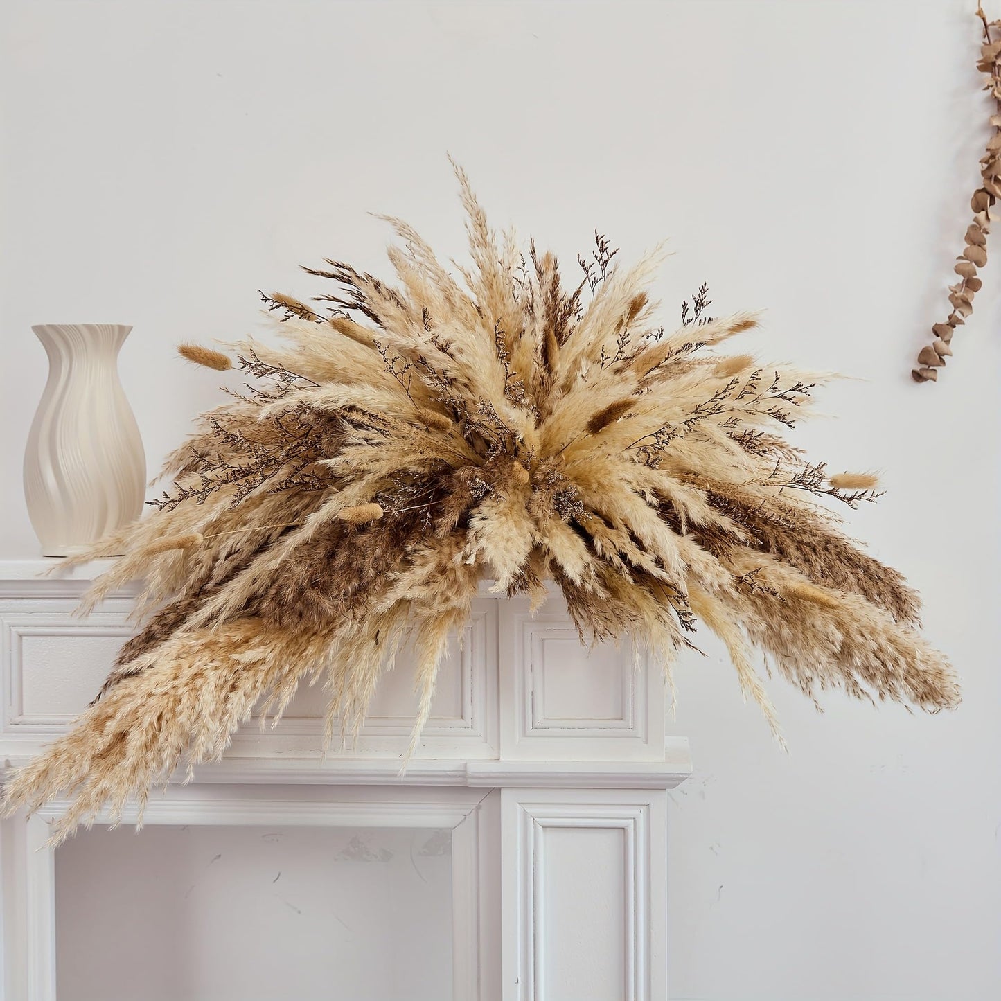 YN HI FLOWER DIY Natural Dried Flower Wall Hanging, Pampas Grass Decor,35-Inch Boho Pampas Grass, Pink Bunny Tails, Palm Leaves, Wedding Arch Decor- Need to Assemble