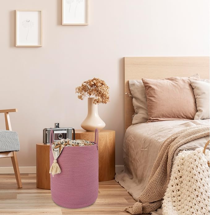 XUANGUO Cotton Rope Laundry Basket Hamper for Clothes Woven Storage Basket for Living Room Bedroom Boho Tall Rope Baskets for Blanket Toys Pillow Towels Baby Nursery Hamper Bin grape purple