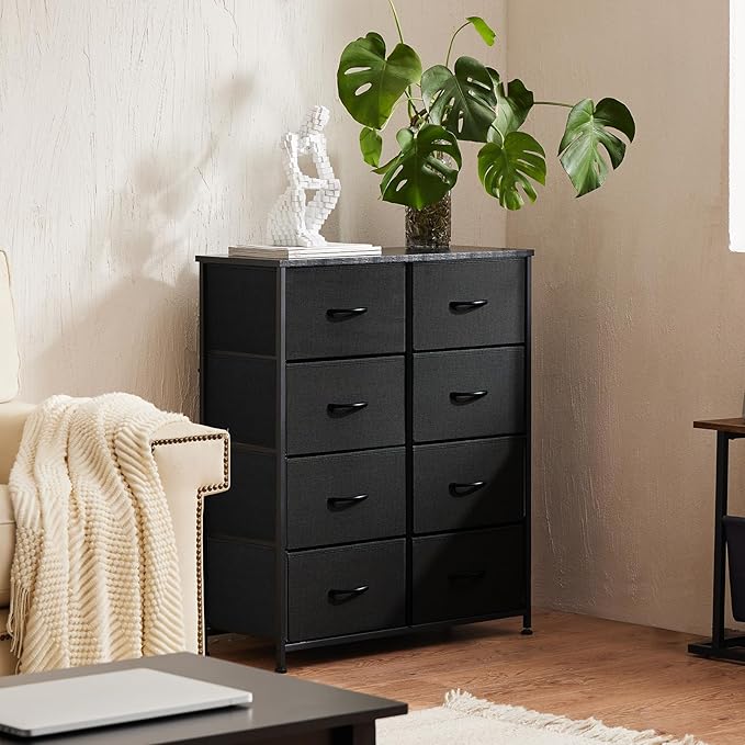 Sweetcrispy Dresser, Dresser for Bedroom Organizer Storage, Fabric Storage Tower with 8 Drawers, Chest of Drawers with Steel Frame, Wood Top for Living Room, Closet, Black