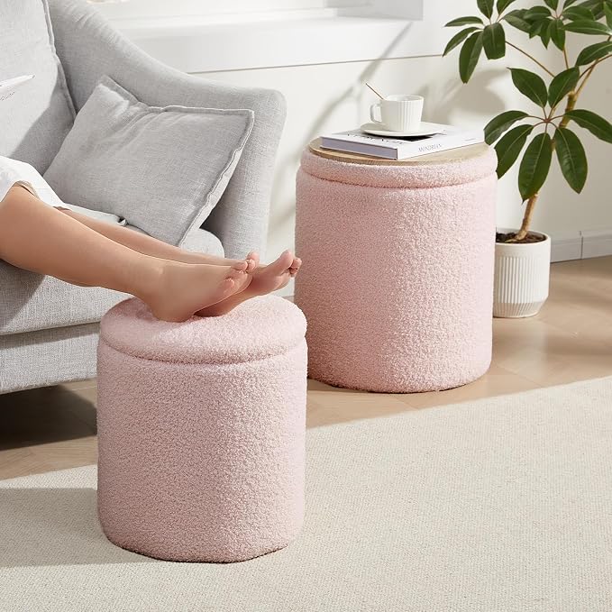 Royal Windsor Boucle Round Ottoman with Storage Set of 2,Small Foot Stool Ottoman for Living Room, Small Coffee Table,Vanity Stool with Storage for Bedroom, Pink