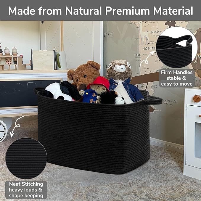Goodpick Extra Large Storage Basket, 23.6" x 15.7" x 13.8" Rectangle Cotton Rope Basket for Blankets, Pillows, Toys, Woven Dirty Clothes Baskets for Laundry, Black