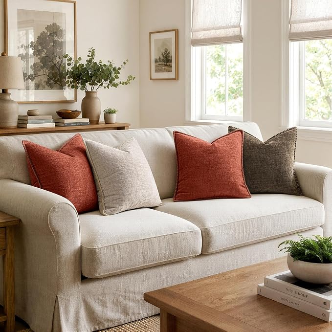 MIULEE Pack of 2 Fall Couch Throw Pillow Covers 18x18 Inch Burnt Orange Farmhouse Decorative Pillow Covers with Stitched Edge Soft Chenille Solid Dyed Pillow Covers for Sofa Bed Living Room