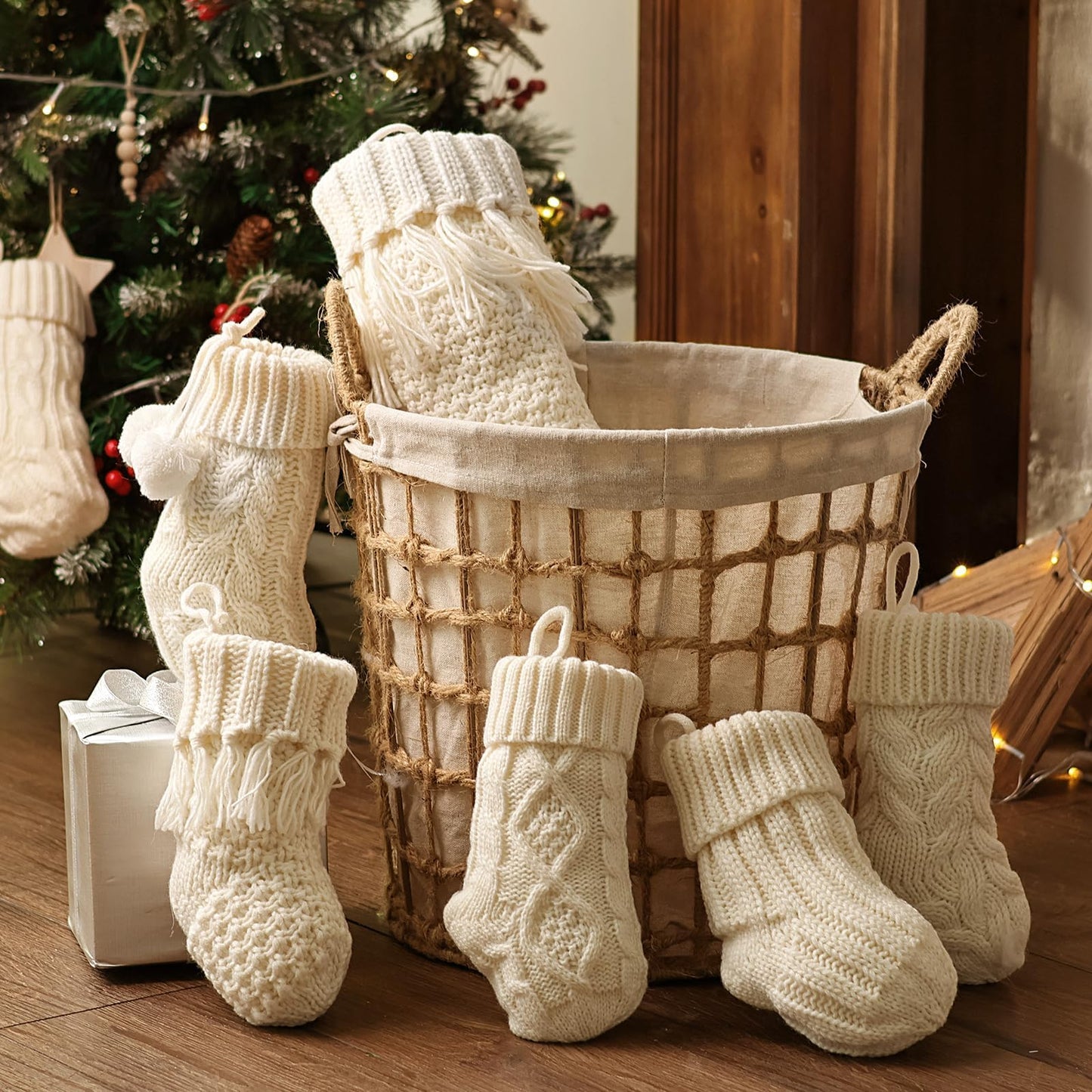 Rustic Mini Knitted Christmas Stockings: 6 Pack 9 Inch Beige Cable Knit Fireplace Stockings, Farmhouse Boho Style Cozy Handmade Hanging Xmas Stocking Decorations for Family Holiday Décor, Cream White