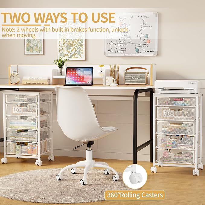 Sbanmao 5 Drawers Rolling Utility Cart, Storage Drawer Cart with Wooden Top, Rolling Storage Cart on Lockable Wheels, Metal Utility Cart & Craft Storage Cart for Bedroom, Classroom, Office, White