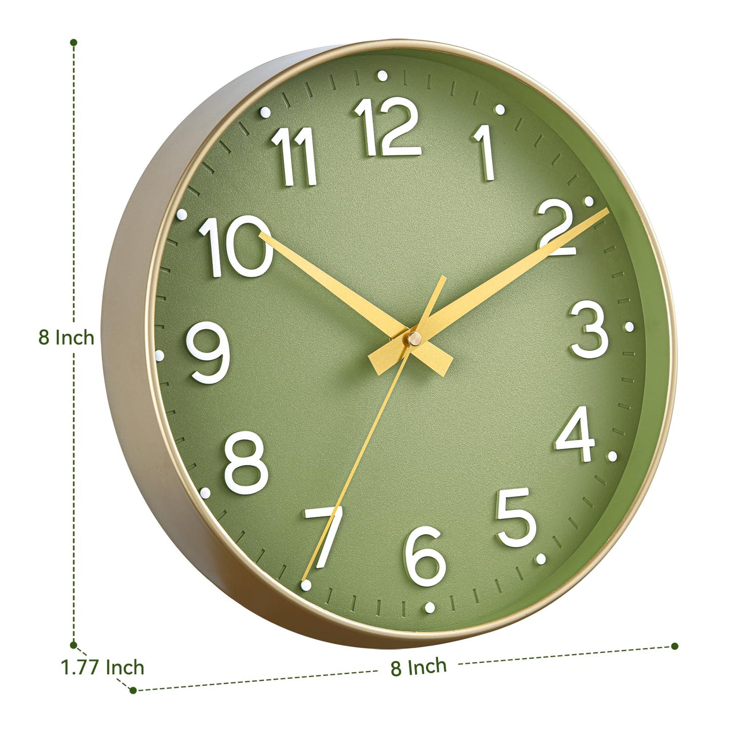 Roymnie Wall Clock Green, Silent Wall Clocks Battery Operated 8 Inch-Modern Non Ticking Analog Clock Decorative for Kitchen Office Bathroom Bedroom(Gold)