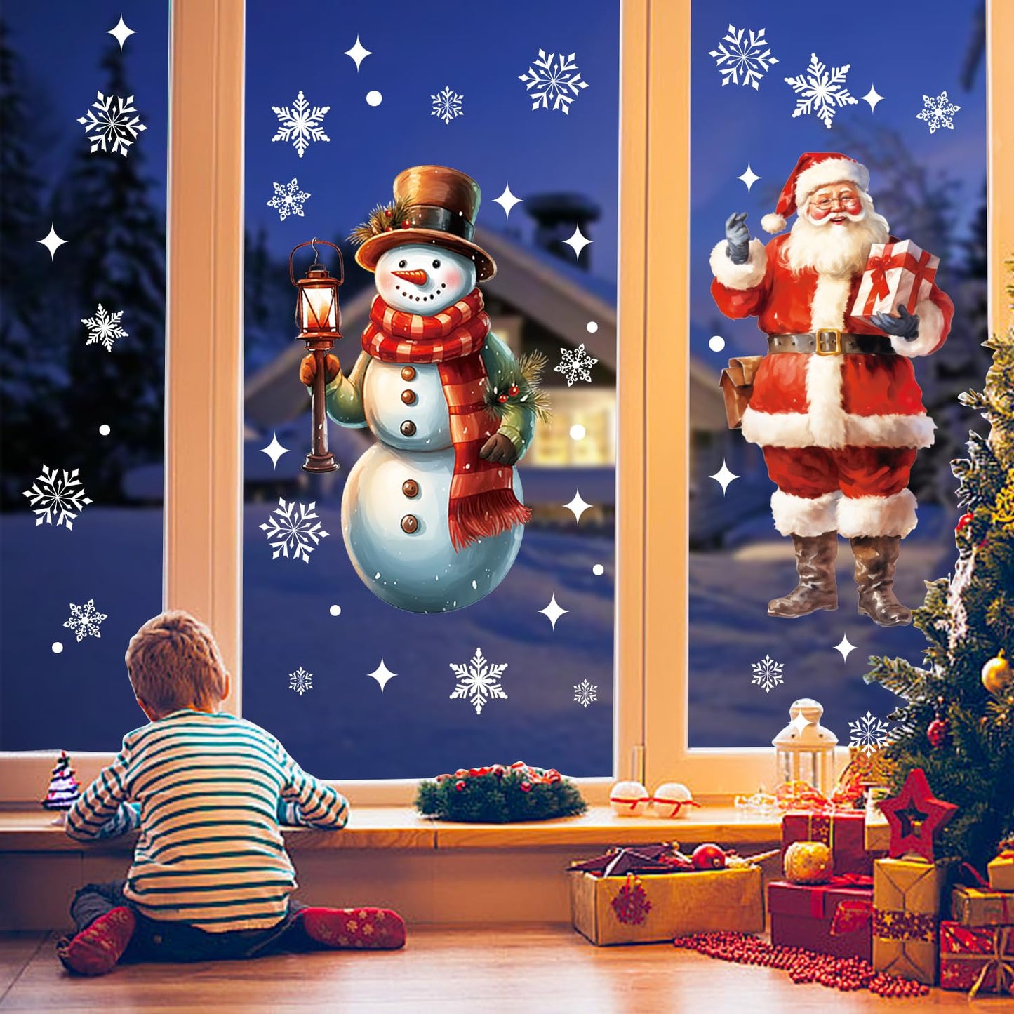 LOKIPA Large Christmas Window Clings, 2 Sheets Extra Large Santa Claus Snowman Window Clings Stickers with Snowflakes for Christmas Decorations