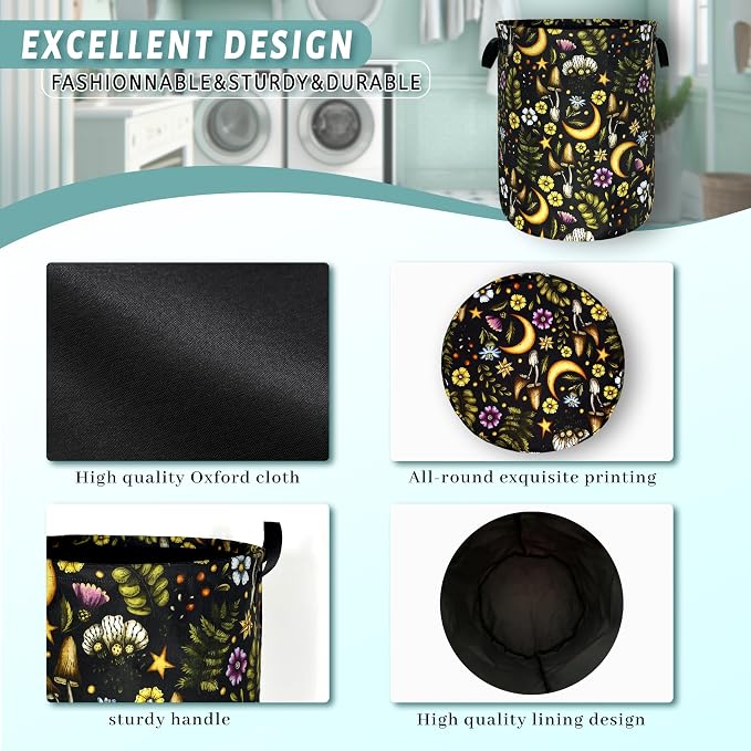 Cute Mushroom Laundry Basket Foldable Retro Moon Mushrooms Laundry Hamper Oxford Cloth Colorful Tote Bag Clothes Toy Storage Bucket For Bathroom/Laundry Storage/Bedroom 18.9 x 16.5 Inch