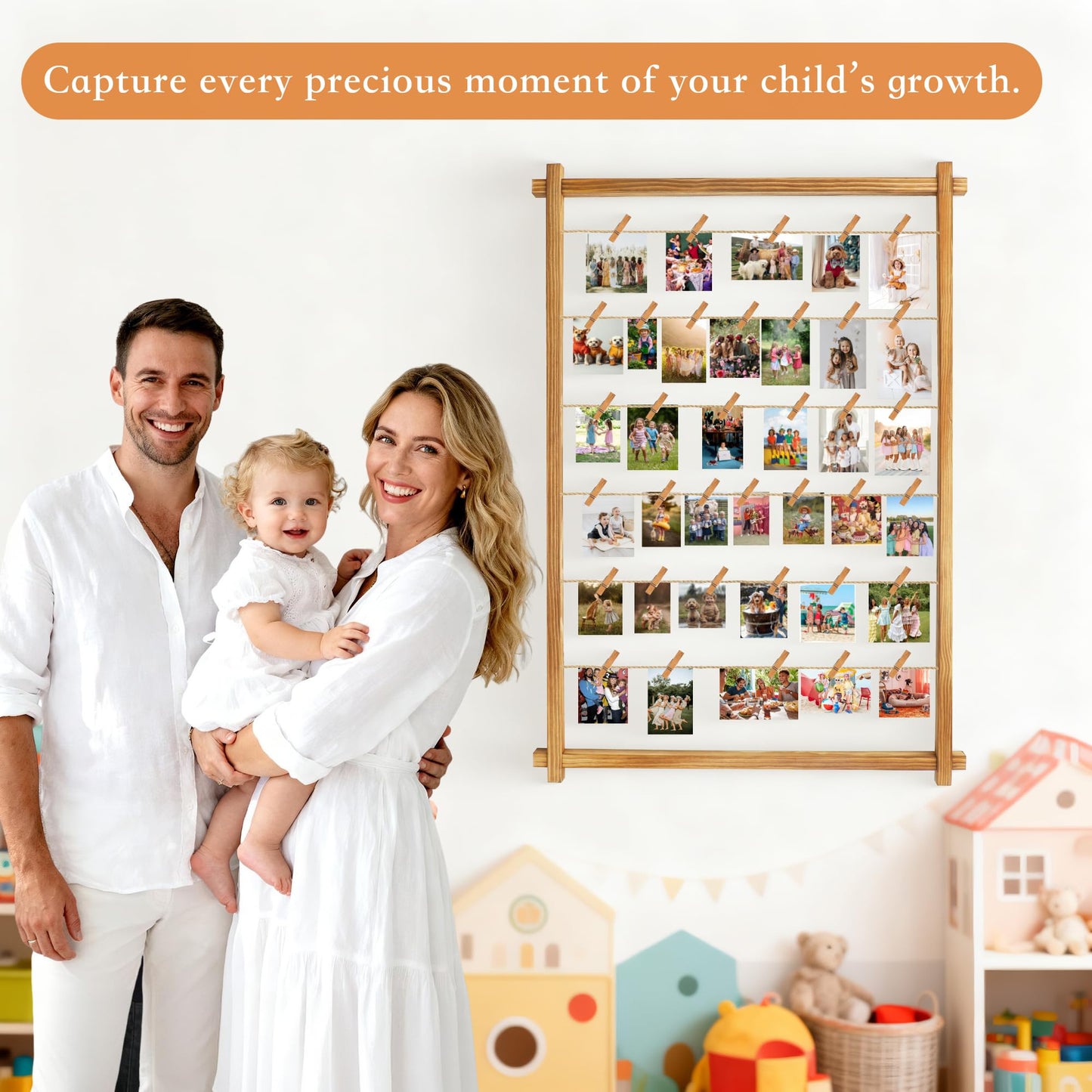 Collage Picture Frame,Photo Display Board with Clips,Hanging Pictures Frames Photos Wall Decor for Wedding Graduation Party Birthday Greeting Letter Postcards Christmas Cards Holder Organizer,39 inch