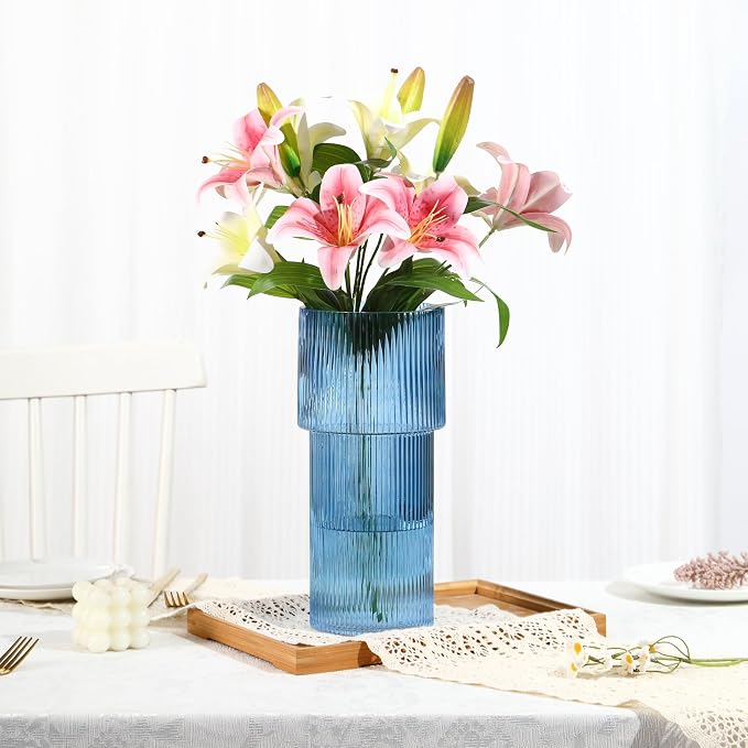 Large Glass Vase, 12 Inches Tall Vase for Flowers, Blue Flower Vases for Bouquet, Modern Blue Glass Vases for Living Room, Dining Table, Office, Entryway, Mantle, Shelf, Wedding Gifts