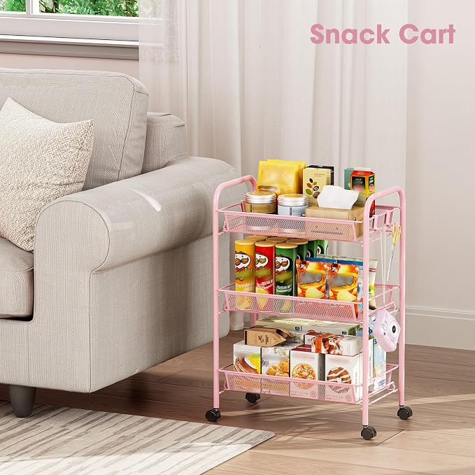 TOOLF 3 Tier Rolling Cart Pink - Metal Storage Organizer with Wheels, 33 lbs Shelf Capacity, Easy 5-Min Assembly, for Girls Room Bathroom Kitchen Office Nursery, Compact Design for Small Spaces, Pink