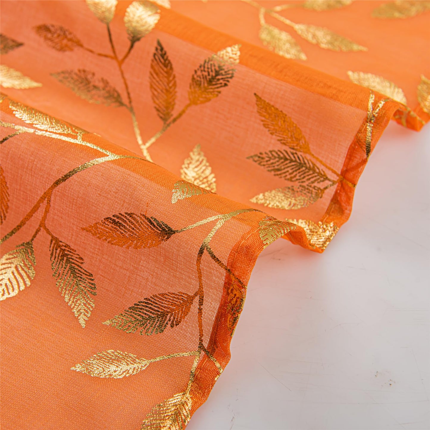 Deeprove Orange Burnt Sheer Curtains 84 inches Long 2 Panels for Bedroom Living Room, Abstract Metallic Gold Foil Vine Leaves Print Window Treatments Pair Set for Fall Halloween Decor, W52 x L84