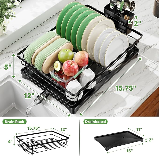 Simple Trending Dish Drying Rack, Stainless Steel Dish Rack for Kitchen Counter, Space-Saving Dish Drainer with Utensil Holder and Drainboard, 12''W x 17''L, Black