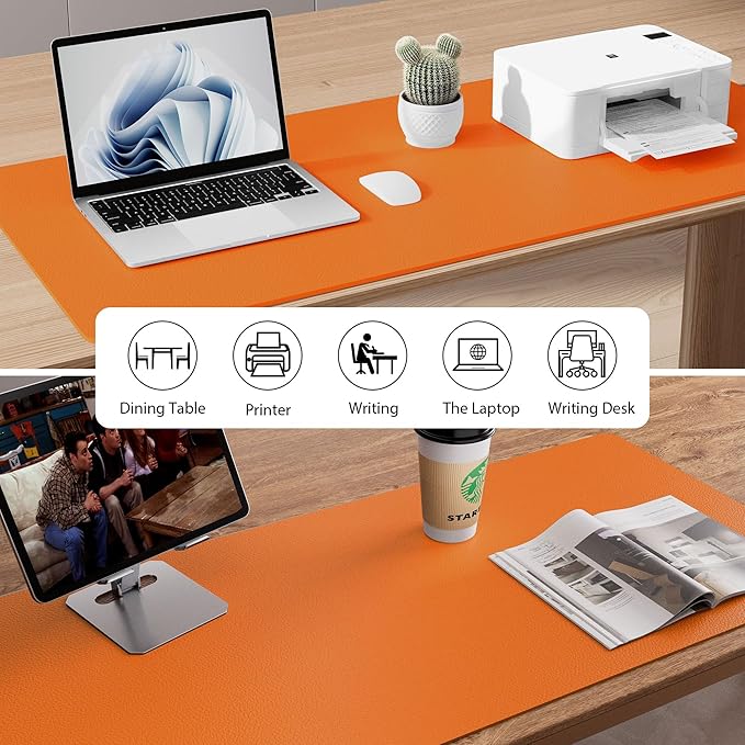 Aothia Faux Leather Desk Mat - Non-Slip PU Leather Desk Blotter, Waterproof Writing Surface, Large Desk Pad for Office & Home (Hermes Orange, 55" x 24")