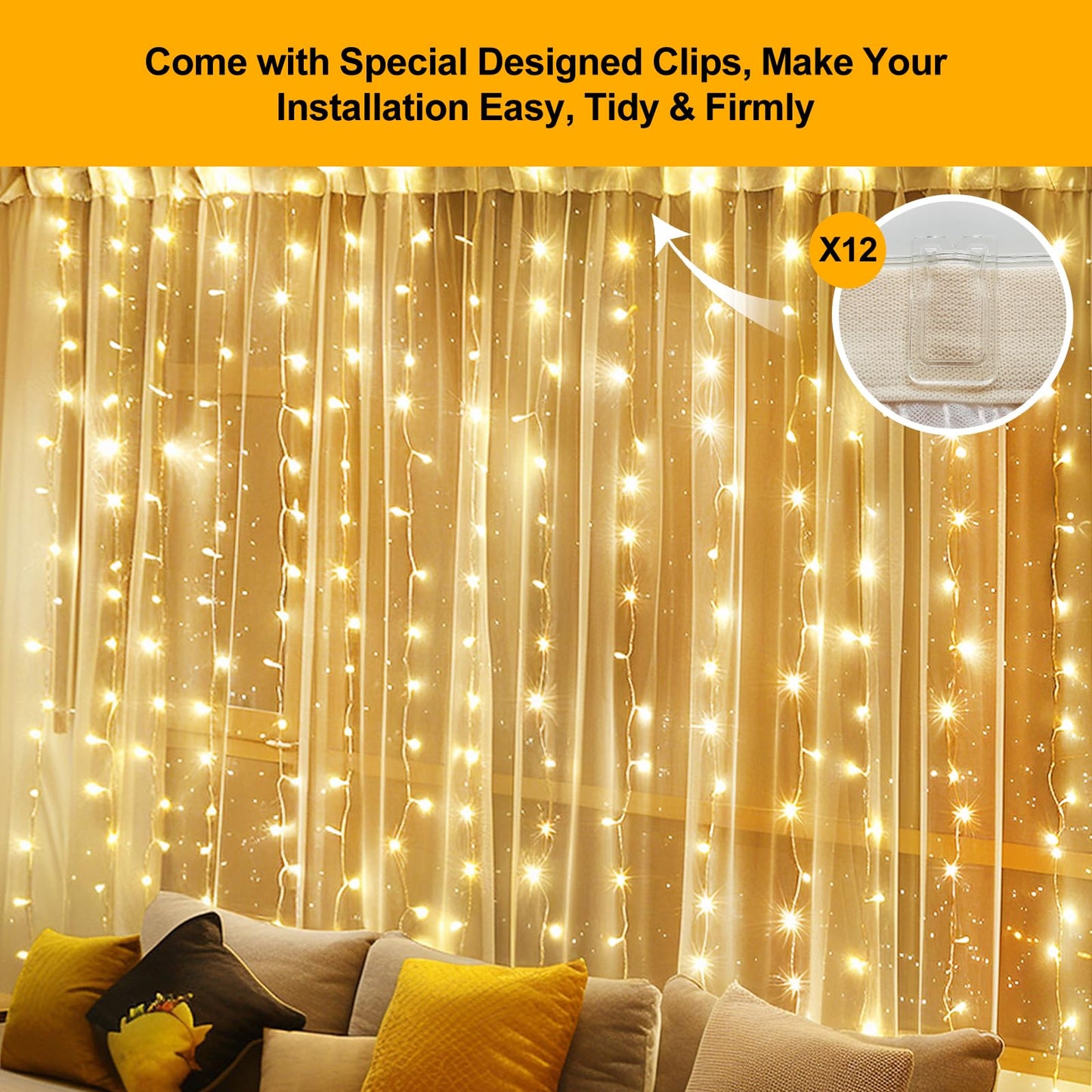 HOLITS 200 LED Fairy Curtain Lights, 6.6 x 6.6 FT Warm White USB Plug in 8 Modes Hanging Lights with Remote for Christmas, Bedroom, Indoor, Outdoor, Weddings, Party (Warm White)