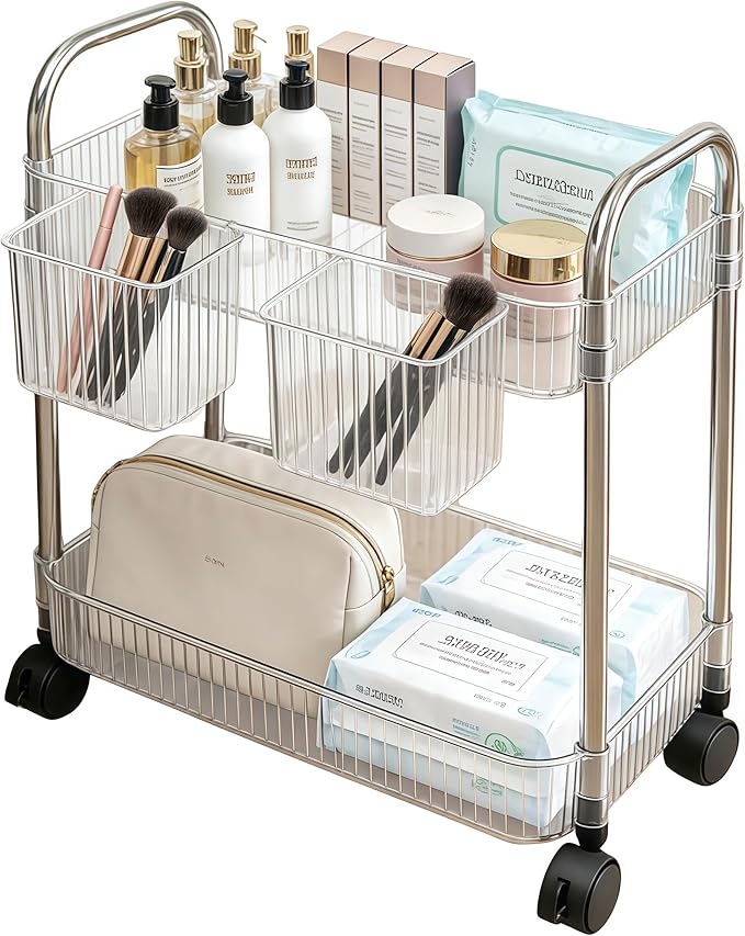 2 Tier Utility Rolling Cart with Wheels Sofa Side Table Small Under Desk Storage Organizer, Clear Acrylic Plastic Mobile Trolley Organization Storage Cart for Kitchen Pantry Bathroom Vanity