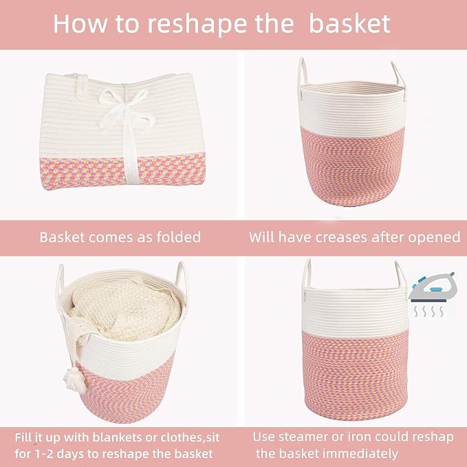 XUANGUO Cotton Rope Laundry Basket Hamper for Clothes Woven Storage Basket for Living Room Bedroom Boho Tall Rope Baskets for Blanket Toys Pillow Towels Baby Nursery Hamper Bin Large (multicolor)