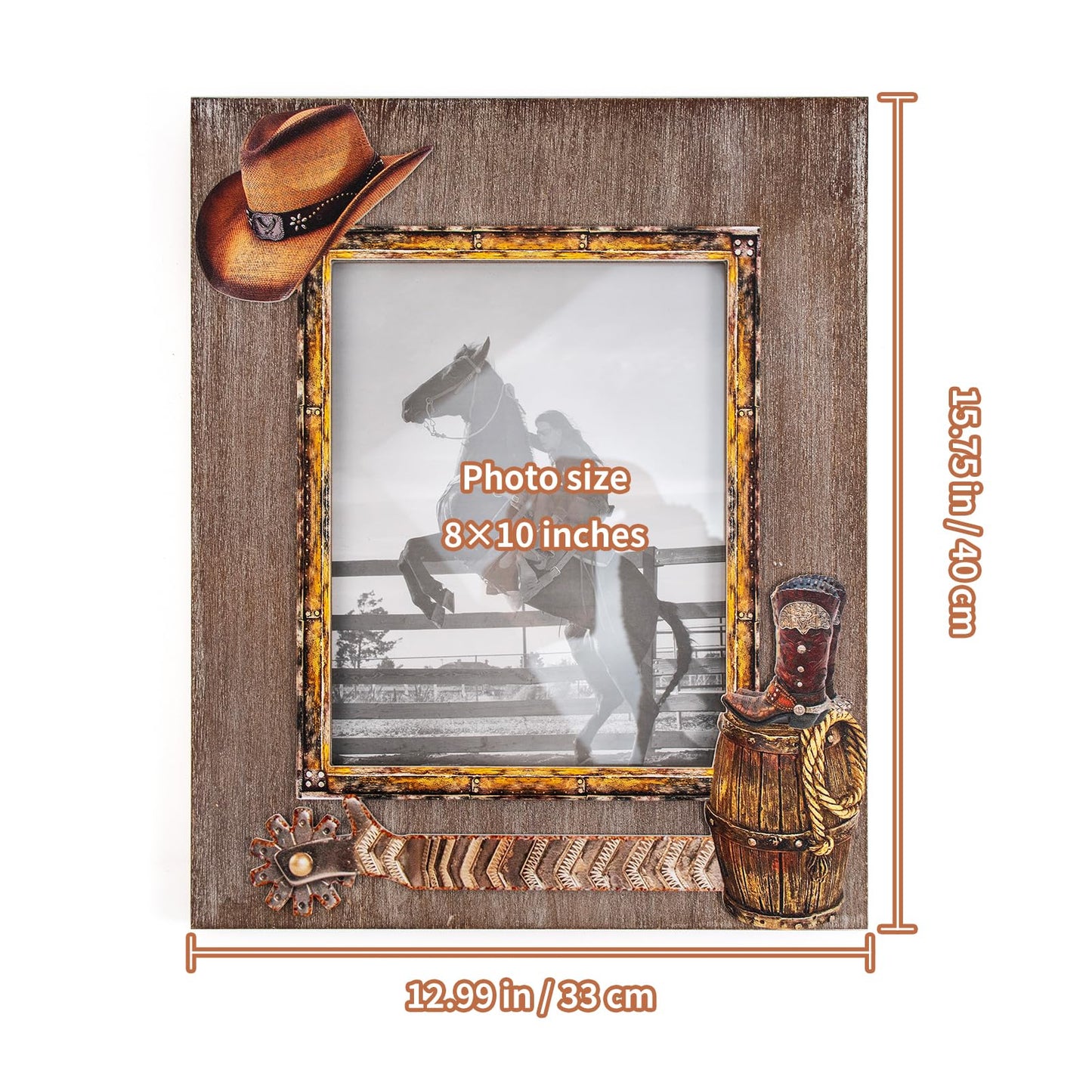OKSQW 8 x 10 Rustic Wood Picture Frame with Cowboy Design, Solid Wooden Photo Frame with High Definition Glass, Cool Handicrafts Tabletop or Wall Mounting Great for Display for Farmhouse Home Decor