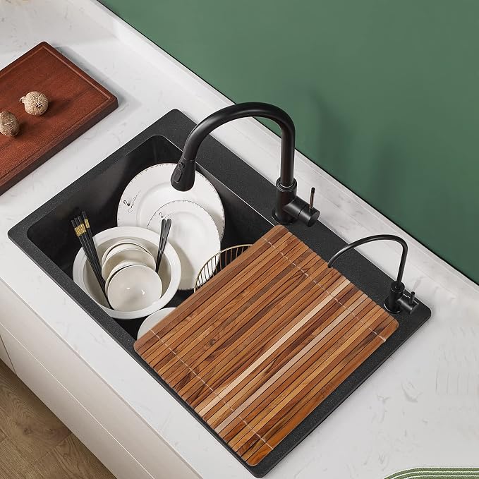 HTB Over Sink Dish Drying Rack 17.8'' x 16.1, Kitchen Teak Wood Roll Up for Dishes,Plates, Bowls, Wooden Cover Counter Space