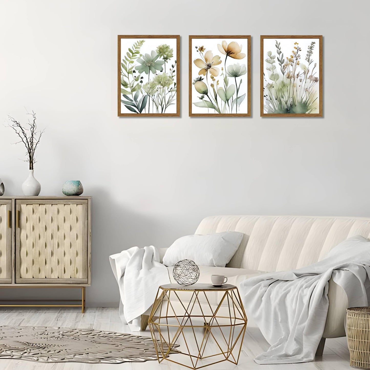 Wood Framed Sage Green Botanical Wall Art Set of 3, Boho Floral Canvas Wall Decor Paintings, Minimalist Flower Posters Prints Pictures for Bedroom Bathroom Living Room Home Decor 12x16 Inch