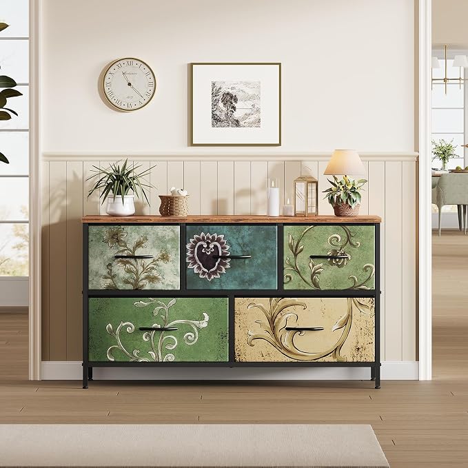 OLIXIS Dresser for Bedroom with 5 Drawers, Wide Chest of Drawers, Fabric Bedroom Dresser with Drawer Organizer, Storage Organizer Unit with Fabric Bins for Closet, Living Room, Hallway, Flower