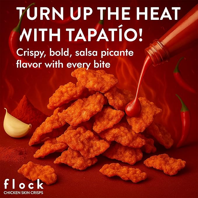 Flock Keto Chicken Skin Chips – Tapatio Flavor, Low Carb, High Protein, Gluten-Free Chicken Crisps, Keto Snack, Low Carb Chips, Protein Crackers, Diet Snacks, 8-Pack (1oz)