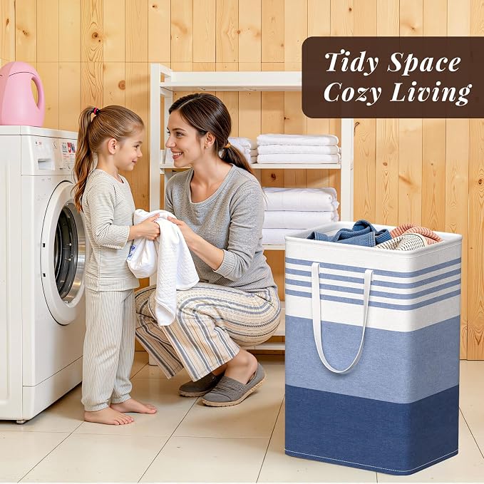 WOWBOX 2 Pack Laundry Baskets, Laundry Hampers, Freestanding Dirty Clothes Hampers with Reinforced Handles & Cross Stitch & Waterproof Coating, for Laundry Bedroom Bathroom Dorm,75L Blue