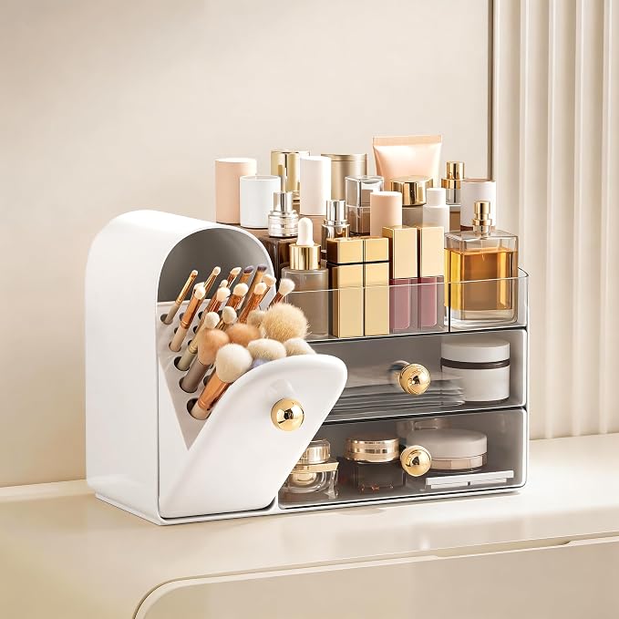 HBlife Makeup Organizer Countertop with Drawers, Vanity Organizers with Brush Holder, Bathroom Counter Organizer for Perfume, Nail Polishes, Lipsticks, Skincare and Eyeshadow Palettes, White and Clear
