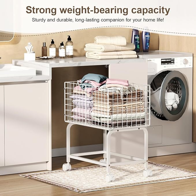 Rolling Laundry Basket with Wheels,80L Wire Laundry Cart with Pull Handle,White High Laundry Basket Cart for Laundry Room,Bathroom,Bedroom-White(23.6 * 15.75 * 28inch)