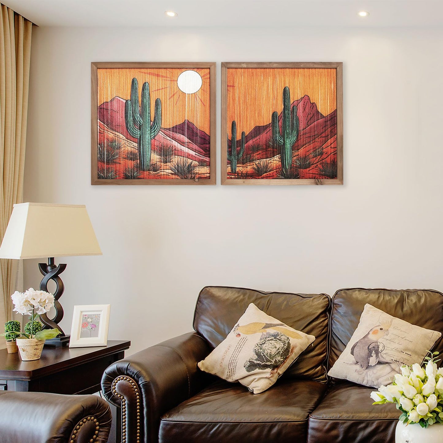 flangairy Desert Wall Art, 2 Pcs Wooden Arizona Western Cactus Landscape, Southwestern Living Dining Room Bedroom Home Decor, Tassel String Artwork