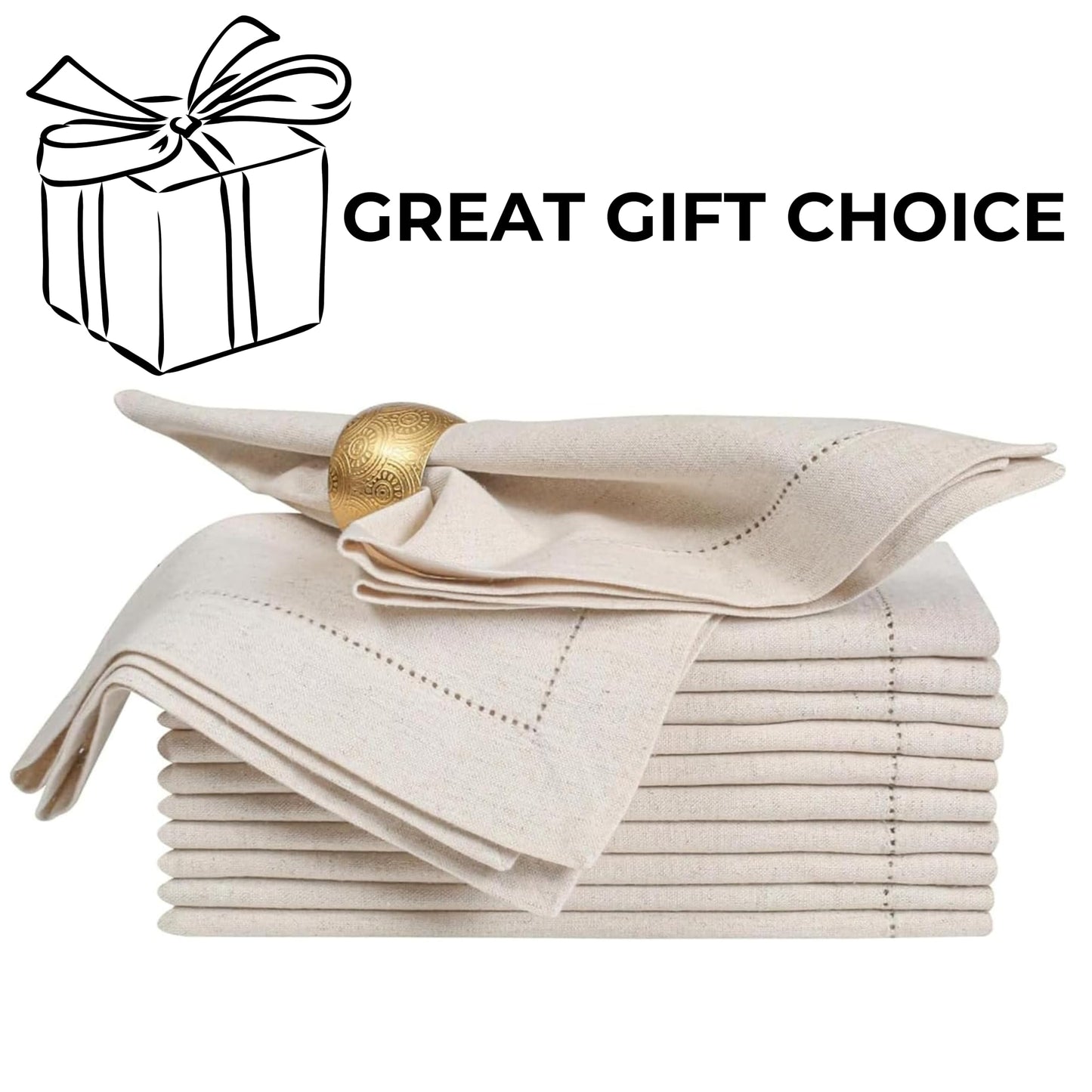 Homidate Linen Flax Cotton Cloth Dinner Napkins Set of 12 – 18x18 Natural Fabric with Hemstitched Mitered Corners – Machine Washable Wedding, Cocktail & Party Table Napkins