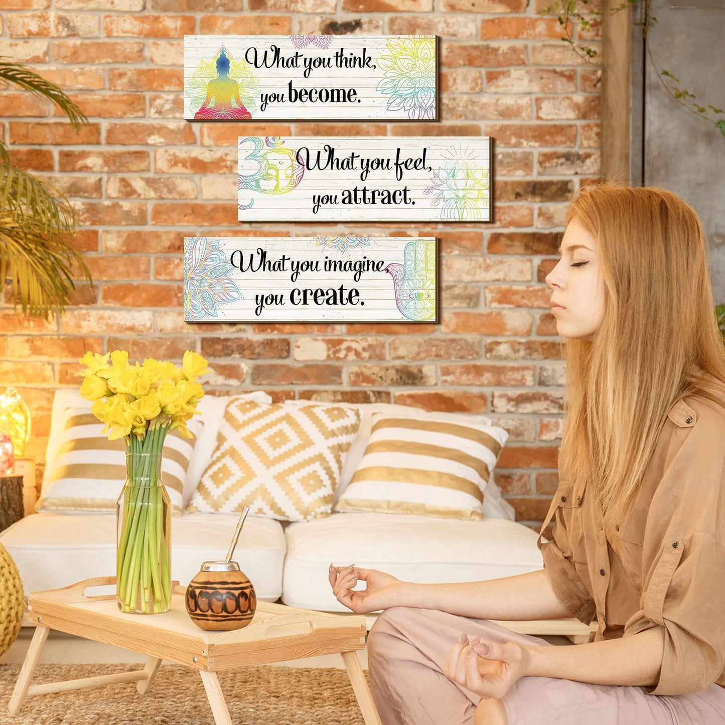 Yerliker 3 Buddha Decor Buddha Wall Art Meditation Room Chakra Decor for Bedroom Zen Quotes Wall Decoration Spiritual Gift Hanging Buddhism Spa Room Decoration Yoga Art for Women(White)
