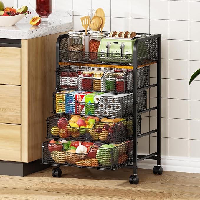 5-Tier Rolling Kitchen Cart with Drawers - Kitchen Storage Cart on Wheels,Pantry Snack Cart,Fruit and Vegetable Storage Cart with Wood Top,Rolling Utility Cart for Potato and Onion Storage