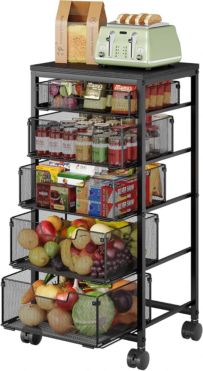 Kitchen Storage Cart with Drawer, 5-Tier Fruit Vegetable Storage Cart, Kitchen Organizer and Storage Cart with Wheels, Wooden Top Metal Wire Pantry Storage Cart rack for Fruit Snack Onion Potato